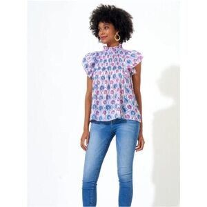 Oliphant Pintuck Ruffle Floral Top, Iris Blue Large